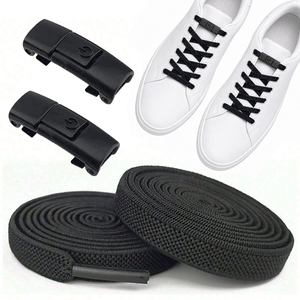 Clipz - BLACK - No-Tie Elastic Shoelaces & Clip - Pair