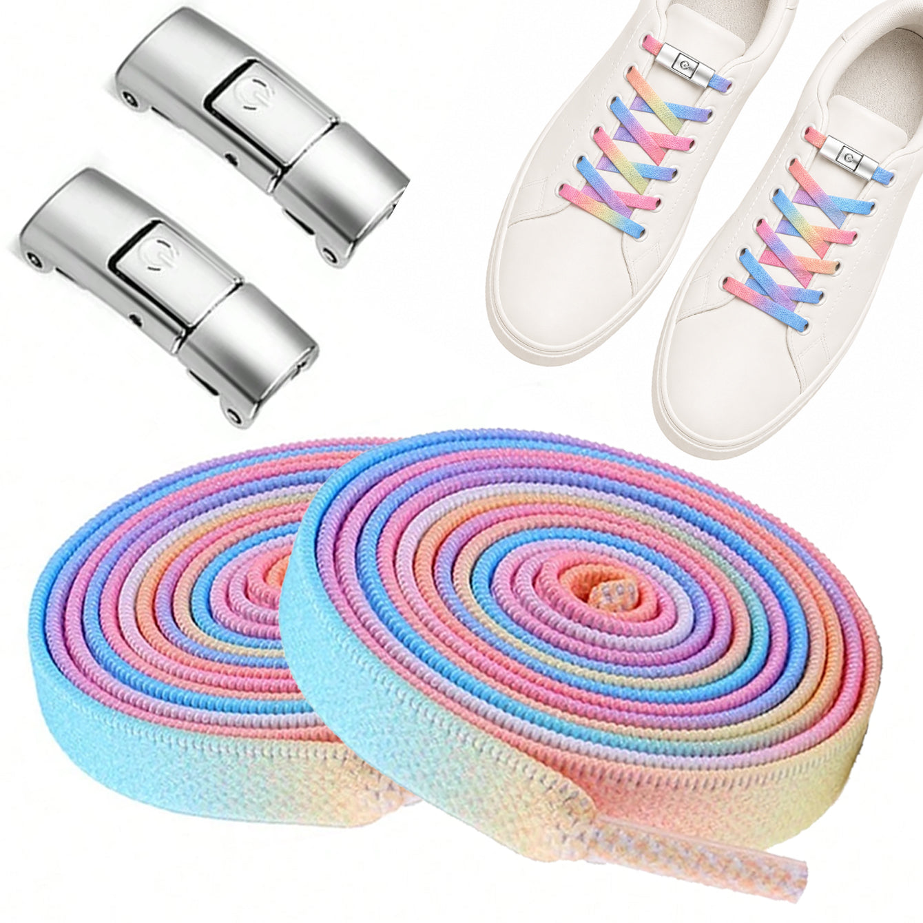 Clipz - RAINBOW - No-Tie Elastic Shoelace & Clip - Pair